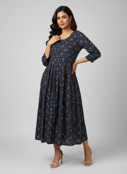 Printed Flared Kurti Collection – Black, Maroon, Indigo & Navy Blue (3XL)