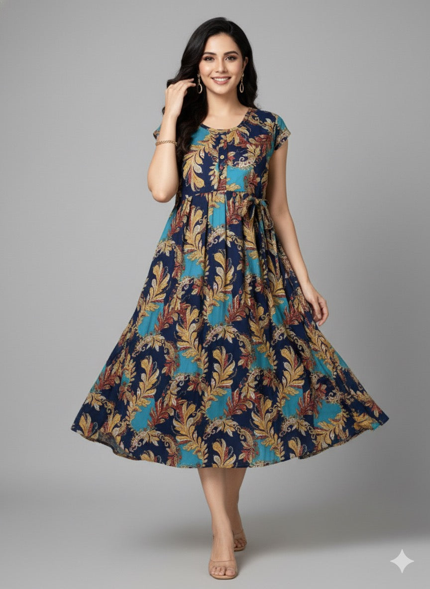 Bold Leaf Print Cotton Dress – Turquoise Bloom Printed Kurti - XL Size