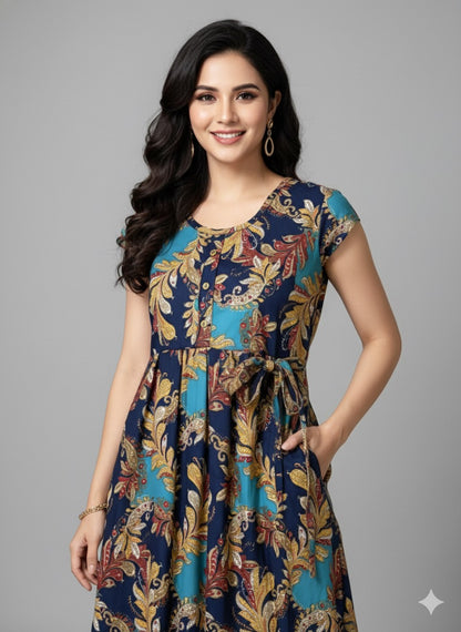 Bold Leaf Print Cotton Dress – Turquoise Bloom Printed Kurti - XL Size