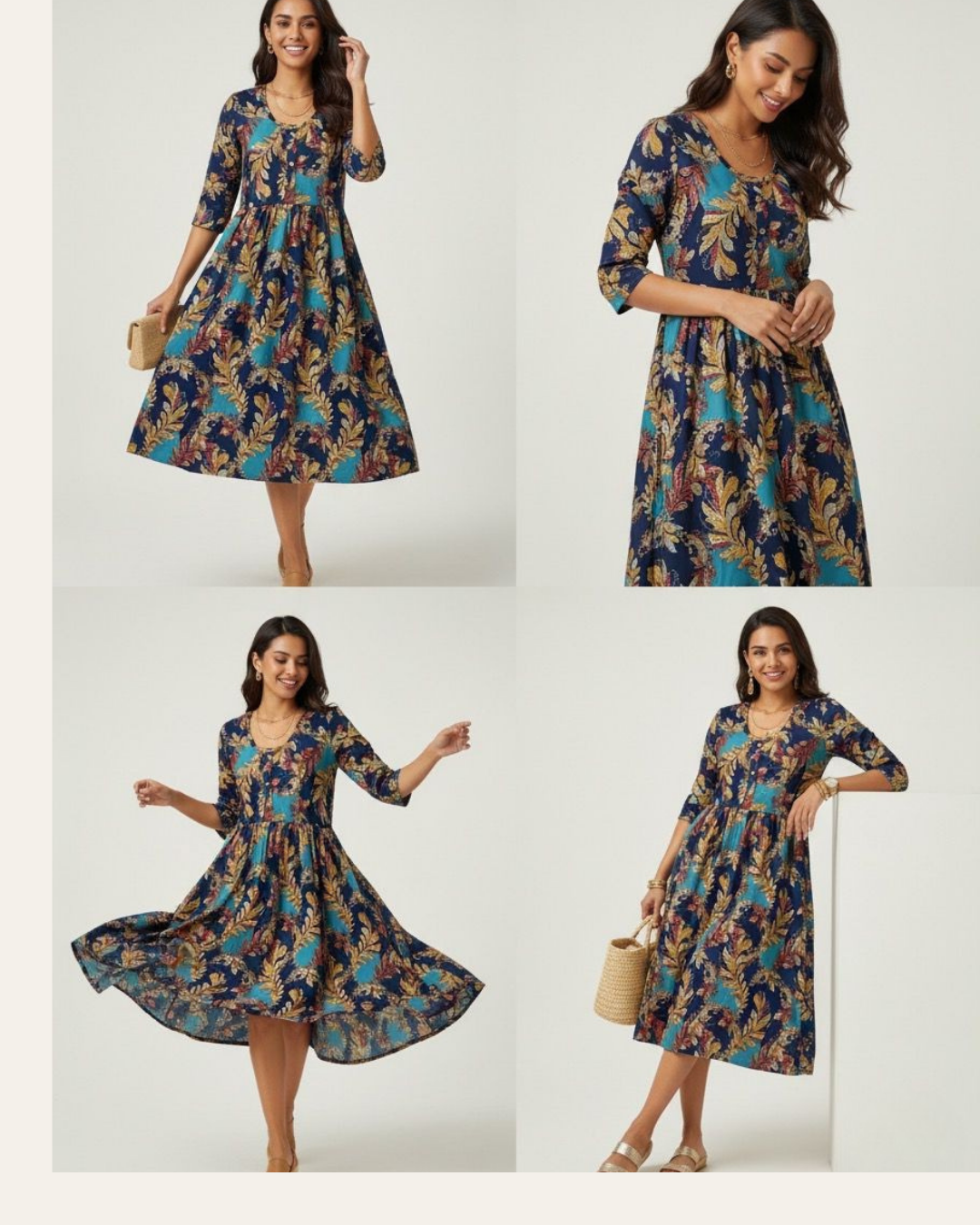 Bold Leaf Print Cotton Dress – Turquoise Bloom Printed Kurti - XL Size