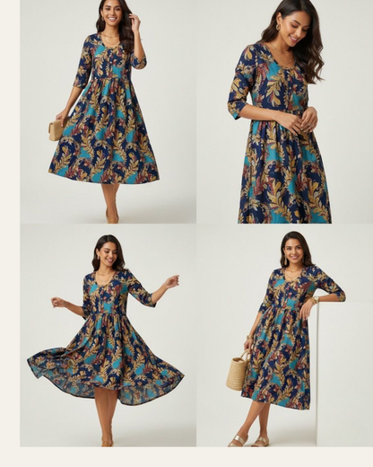 Bold Leaf Print Cotton Dress – Turquoise Bloom Printed Kurti - XL Size