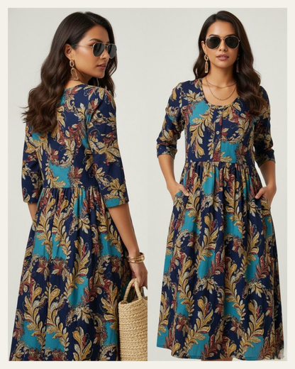 Bold Leaf Print Cotton Dress – Turquoise Bloom Printed Kurti - XL Size