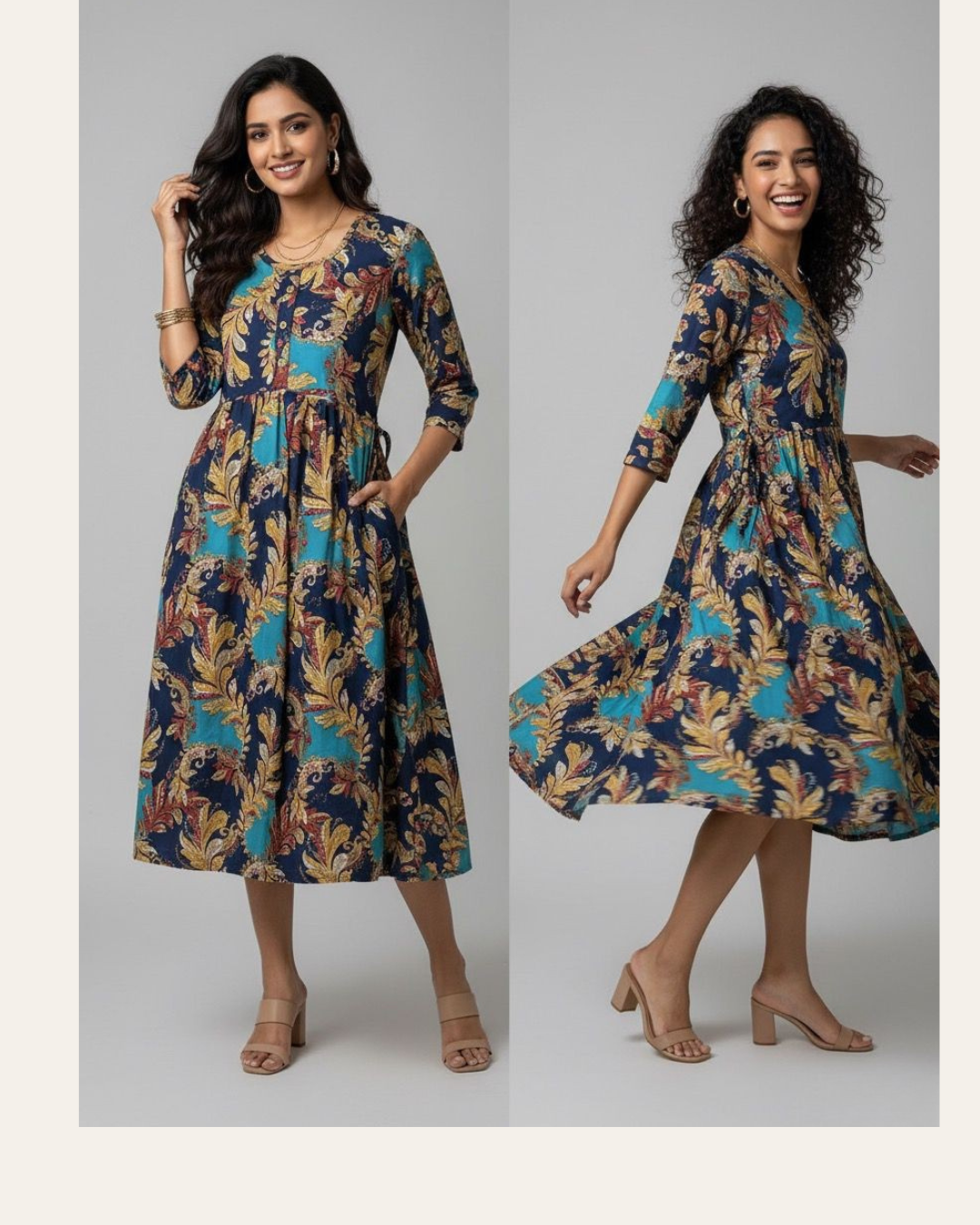 Bold Leaf Print Cotton Dress – Turquoise Bloom Printed Kurti - XL Size