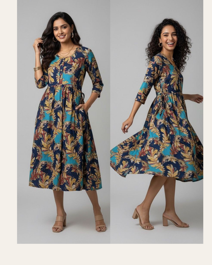 Bold Leaf Print Cotton Dress – Turquoise Bloom Printed Kurti - XL Size