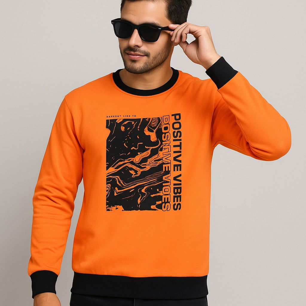 Orange "Positive Vibes" Sweatshirt – Black Collar & Abstract Graphic