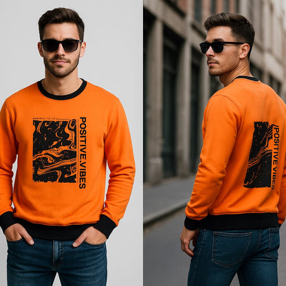 Orange "Positive Vibes" Sweatshirt – Black Collar & Abstract Graphic