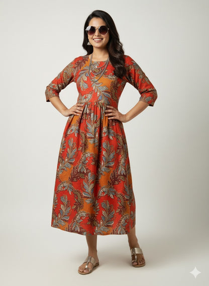 Orange Bloom Ethnic Dress – Festive Floral Edition - XL Size Available