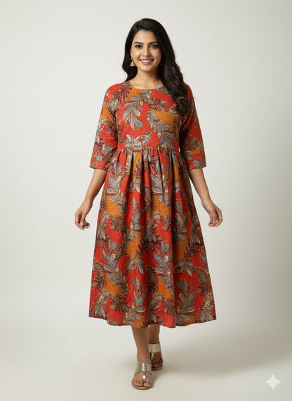 Orange Bloom Ethnic Dress – Festive Floral Edition - XL Size Available