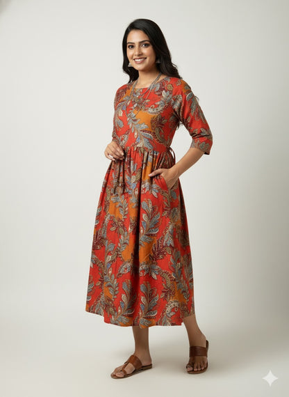 Orange Bloom Ethnic Dress – Festive Floral Edition - XL Size Available