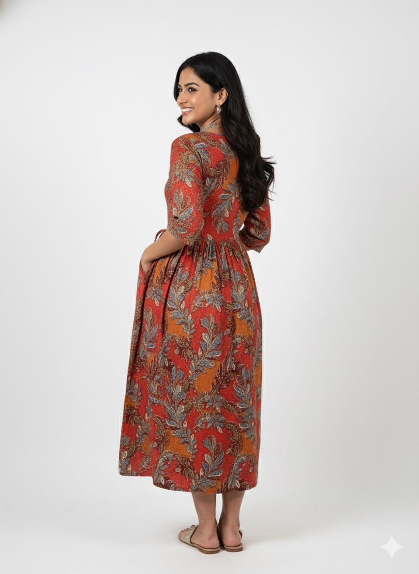 Orange Bloom Ethnic Dress – Festive Floral Edition - XL Size Available