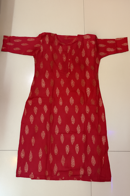 Pink Color Kurti with Golden Leaf Motifs – Festive Cotton Wear
