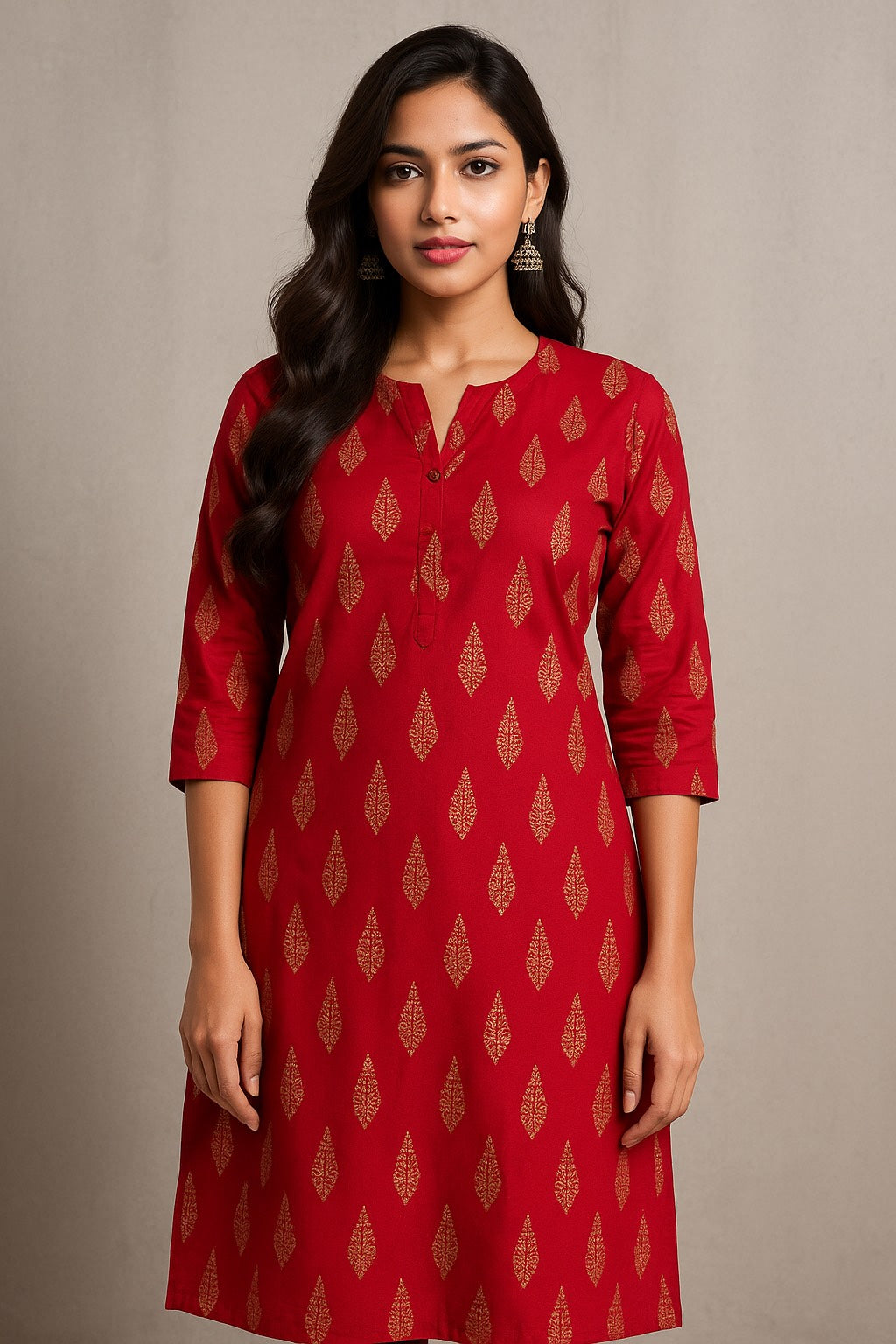 Pink Color Kurti with Golden Leaf Motifs – Festive Cotton Wear