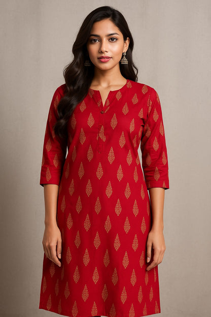 Pink Color Kurti with Golden Leaf Motifs – Festive Cotton Wear
