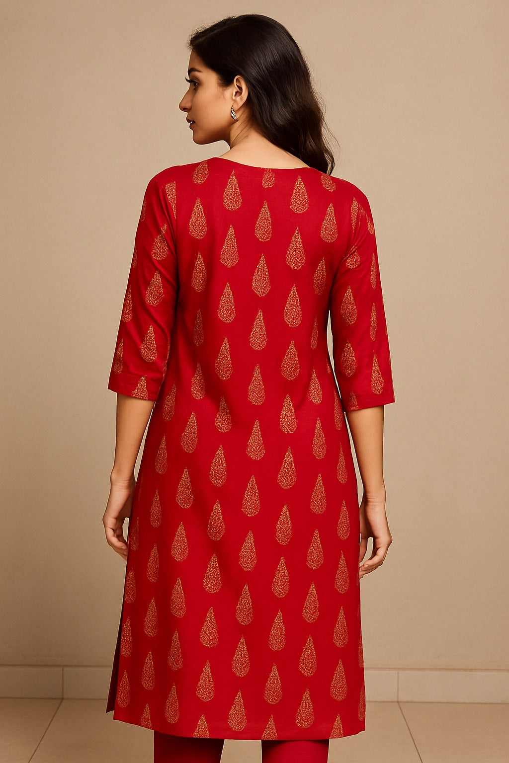 Pink Color Kurti with Golden Leaf Motifs – Festive Cotton Wear