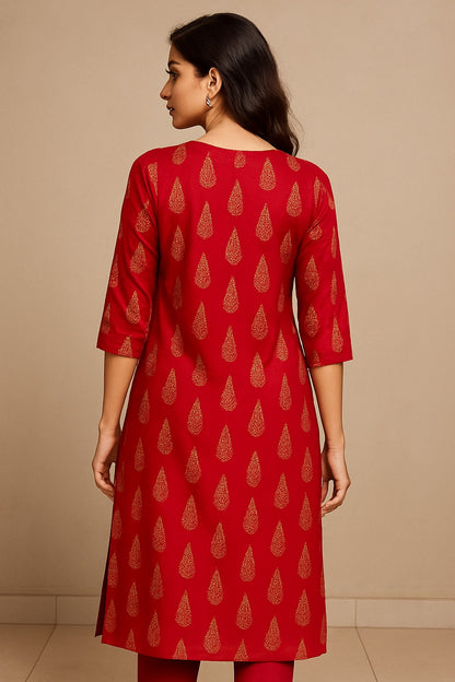 Pink Color Kurti with Golden Leaf Motifs – Festive Cotton Wear