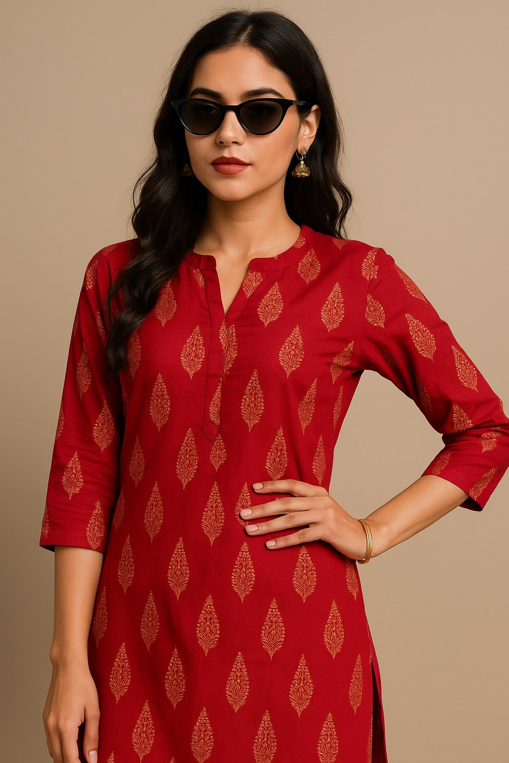 Pink Color Kurti with Golden Leaf Motifs – Festive Cotton Wear