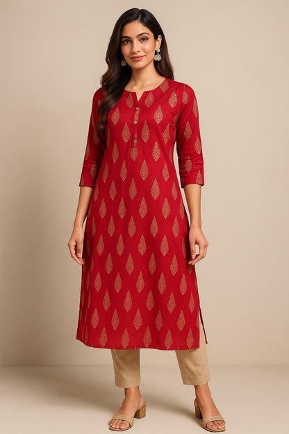 Pink Color Kurti with Golden Leaf Motifs – Festive Cotton Wear