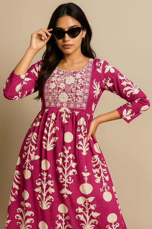 Magenta Grace Kurthi – Embroidered Elegance with Floral Charm
