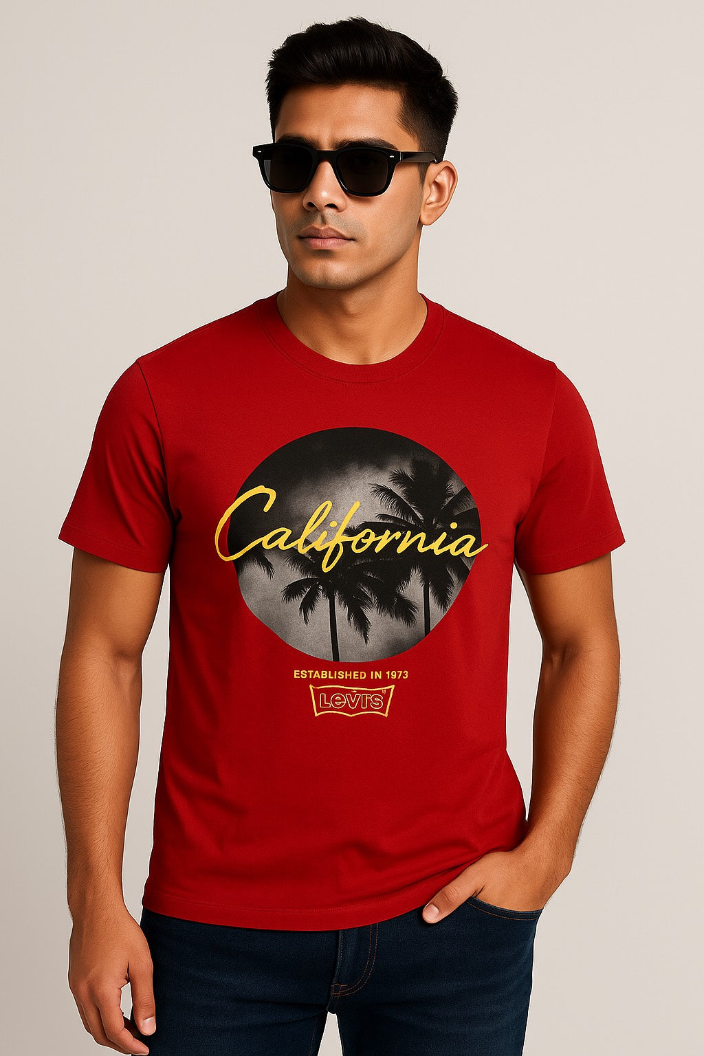 Red Color round Neck Printed T-Shirt for Men