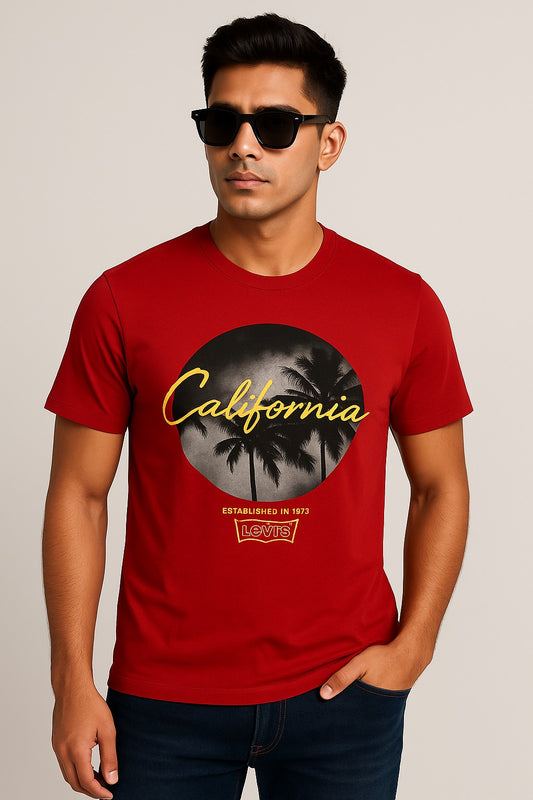 Red Color round Neck Printed T-Shirt for Men