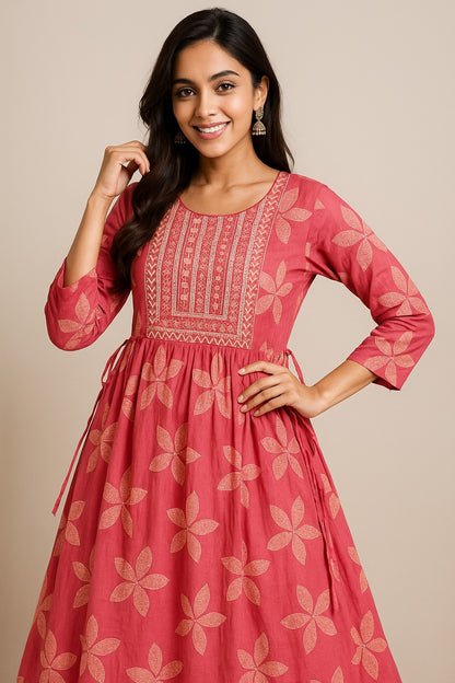 Blush Bloom Kurthi with Embroidered Yoke & Floral Motifs