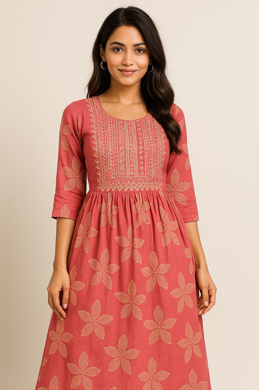 Blush Bloom Kurthi with Embroidered Yoke & Floral Motifs