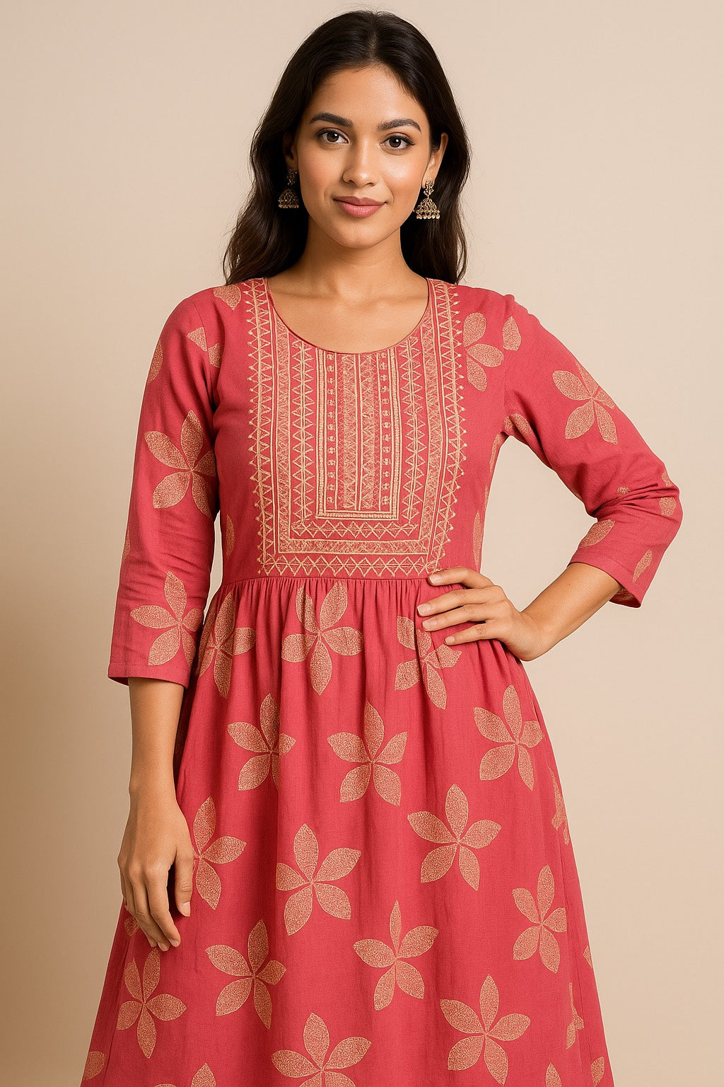 Blush Bloom Kurthi with Embroidered Yoke & Floral Motifs