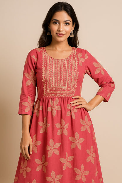 Blush Bloom Kurthi with Embroidered Yoke & Floral Motifs