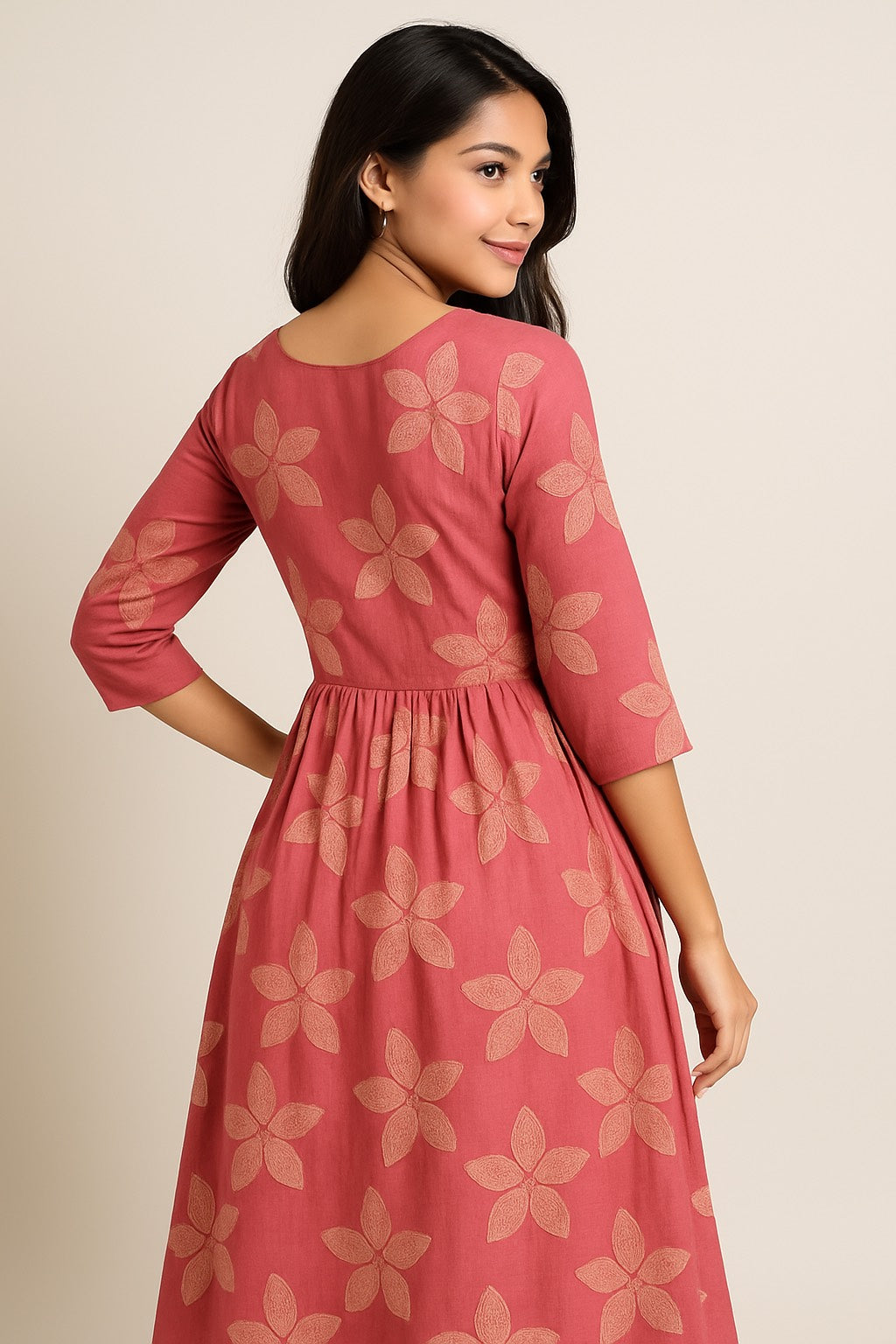 Blush Bloom Kurthi with Embroidered Yoke & Floral Motifs