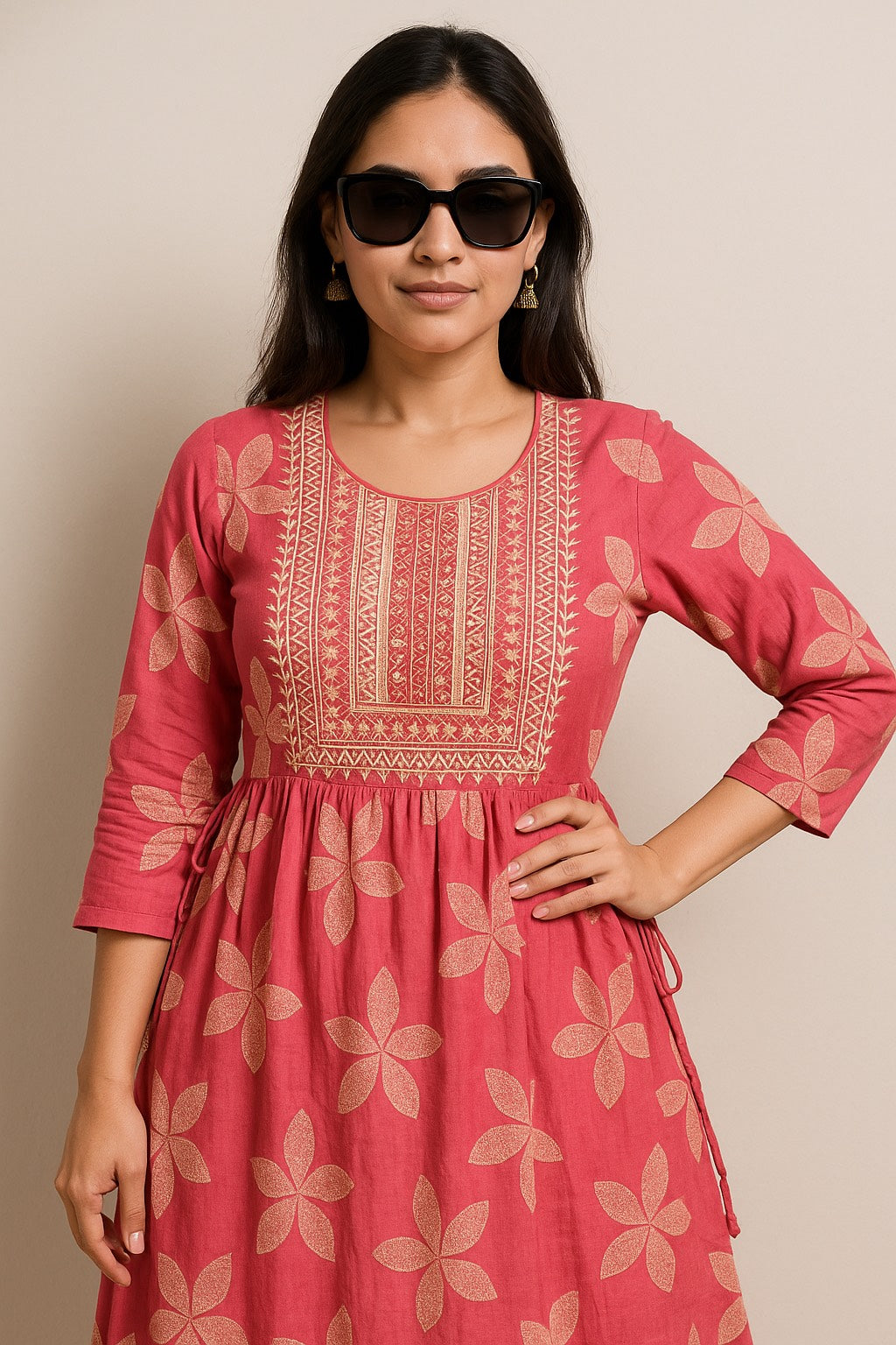 Blush Bloom Kurthi with Embroidered Yoke & Floral Motifs