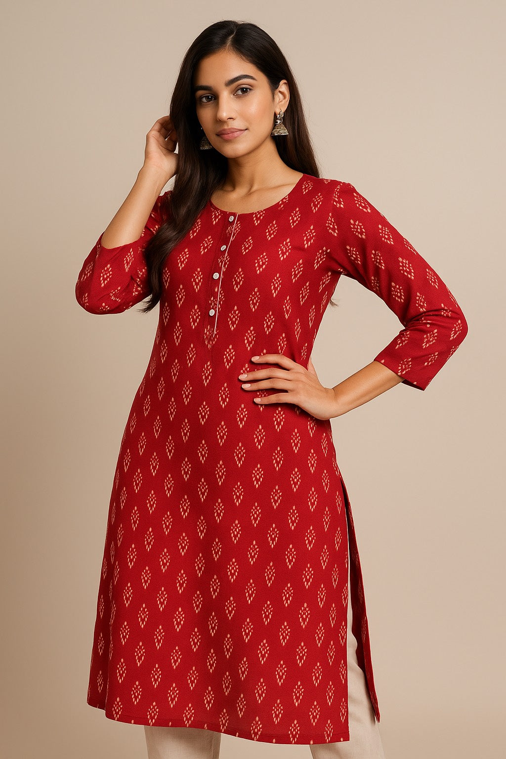 Red Kurta with White Motifs – Everyday Ethnic Wear