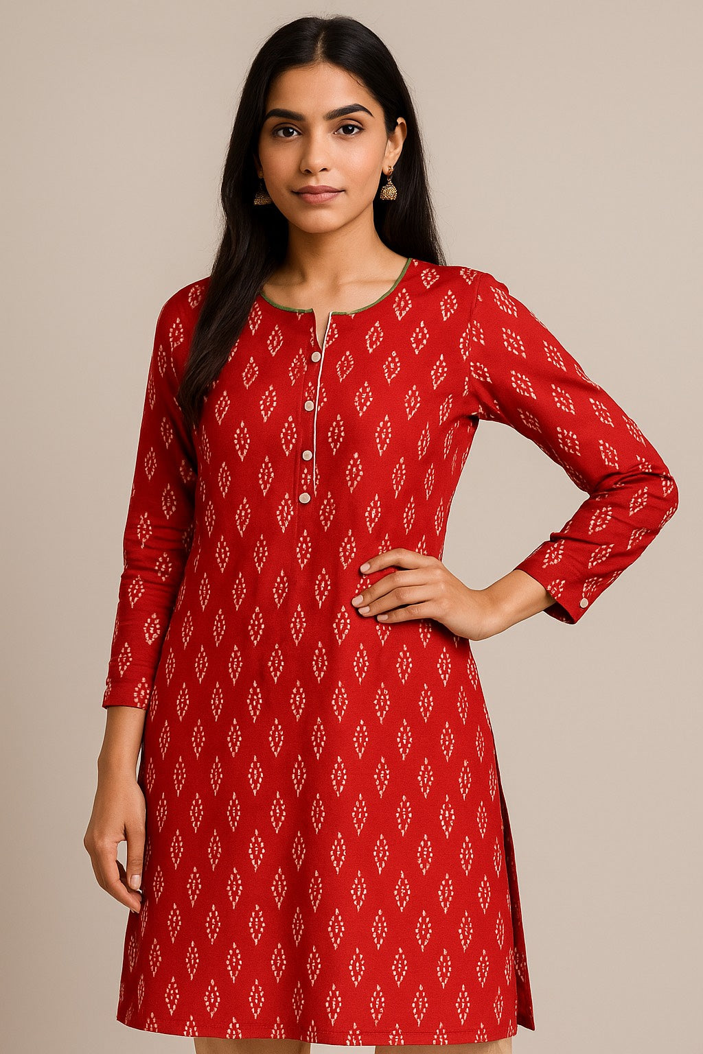 Red Kurta with White Motifs – Everyday Ethnic Wear