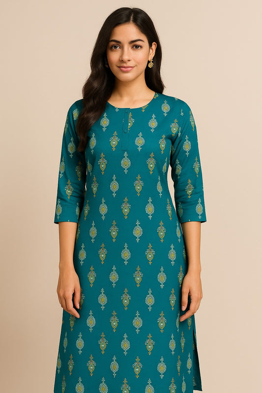 Teal Printed Kurta – Gold Motif Elegance