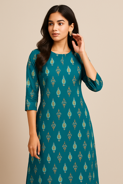 Teal Printed Kurta – Gold Motif Elegance