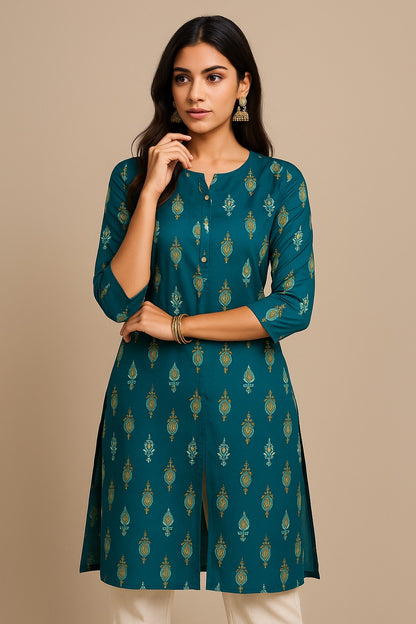 Teal Printed Kurta – Gold Motif Elegance