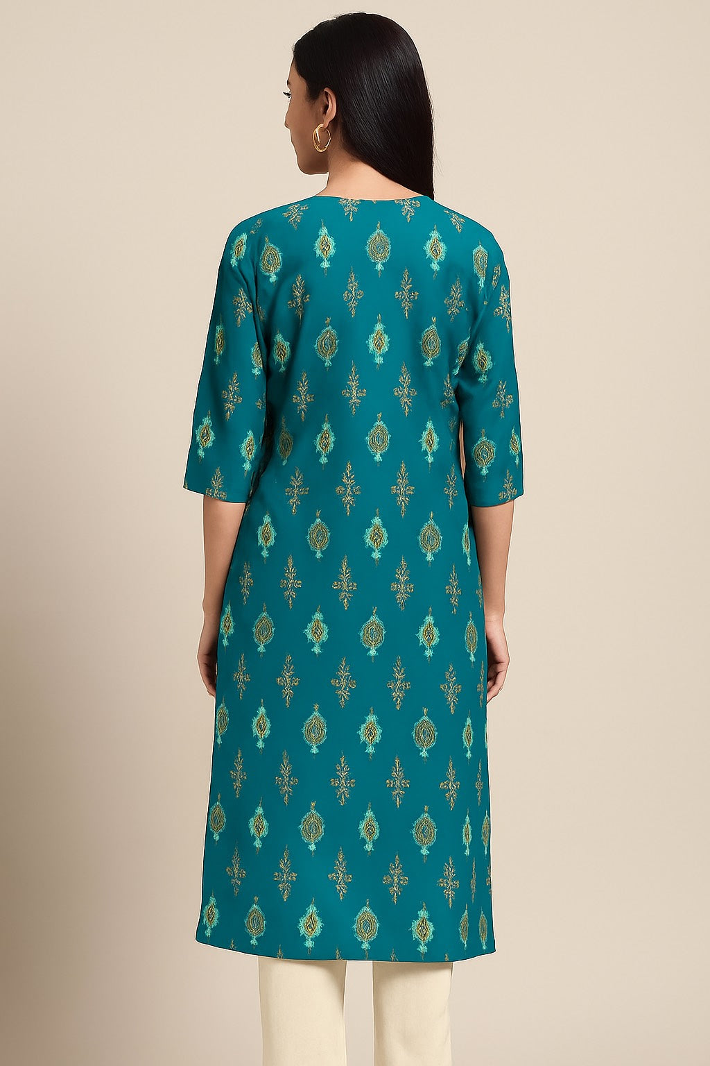 Teal Printed Kurta – Gold Motif Elegance