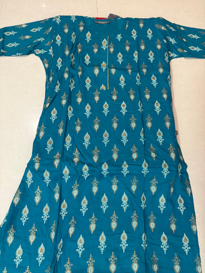 Teal Printed Kurta – Gold Motif Elegance