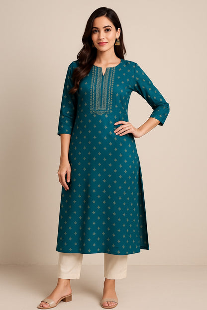 Elegant Teal Kurta – Festive Wear with Gold Accents