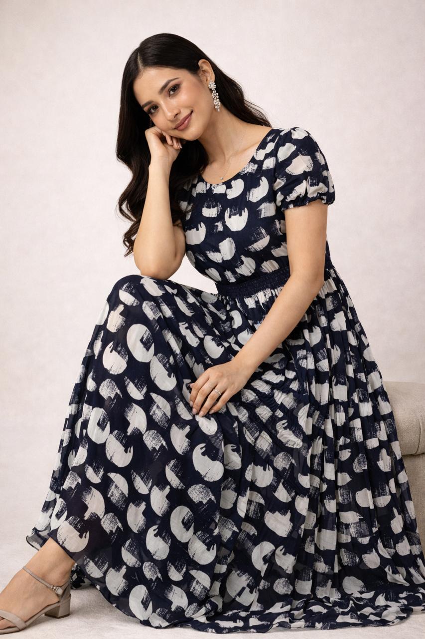Navy Blue Printed Flowy Frock with Puff Sleeves – M, L XL & XXL Sizes Available