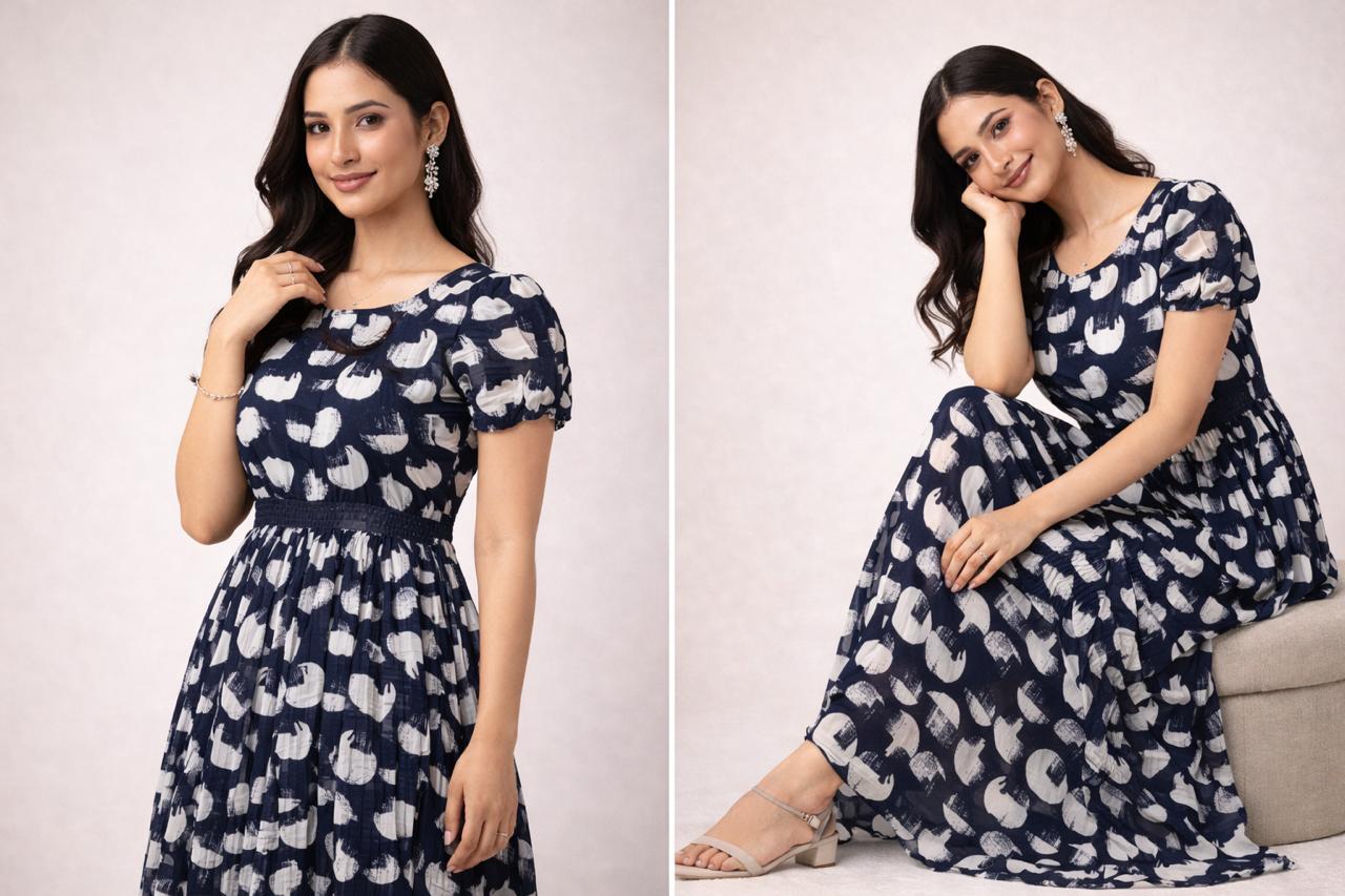 Navy Blue Printed Flowy Frock with Puff Sleeves – M, L XL & XXL Sizes Available