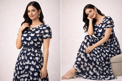 Navy Blue Printed Flowy Frock with Puff Sleeves – M, L XL & XXL Sizes Available