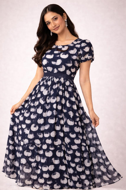 Navy Blue Printed Flowy Frock with Puff Sleeves – M, L XL & XXL Sizes Available