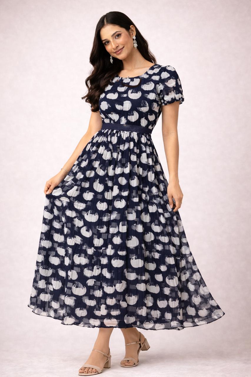 Navy Blue Printed Flowy Frock with Puff Sleeves – M, L XL & XXL Sizes Available