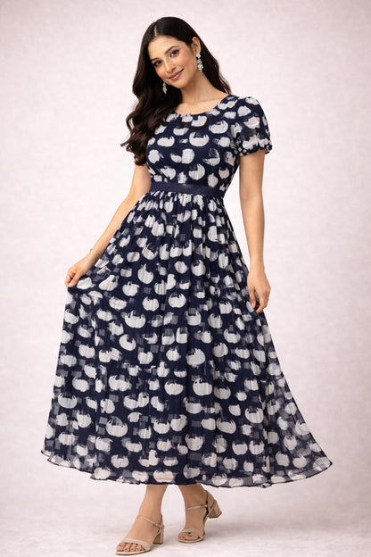 Navy Blue Printed Flowy Frock with Puff Sleeves – M, L XL & XXL Sizes Available
