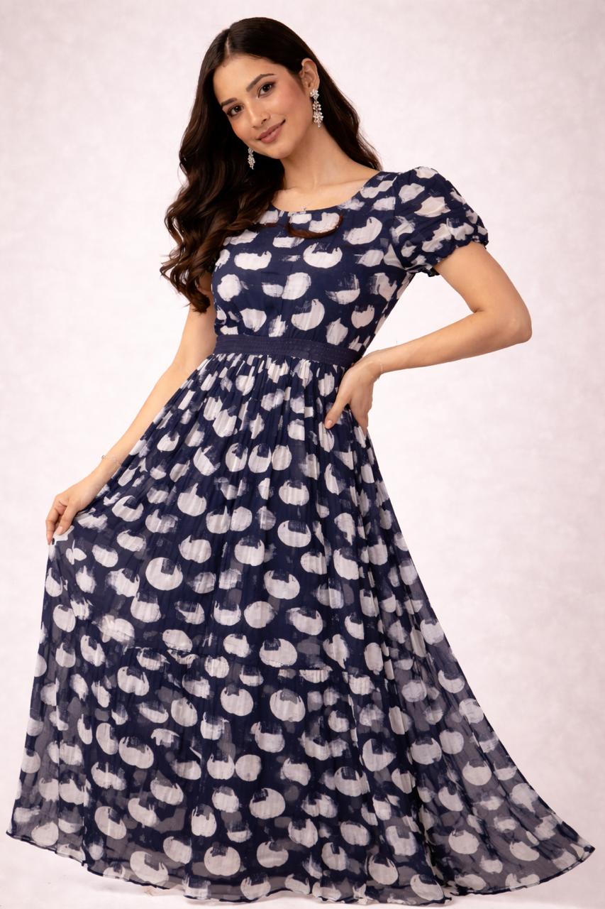 Navy Blue Printed Flowy Frock with Puff Sleeves – M, L XL & XXL Sizes Available