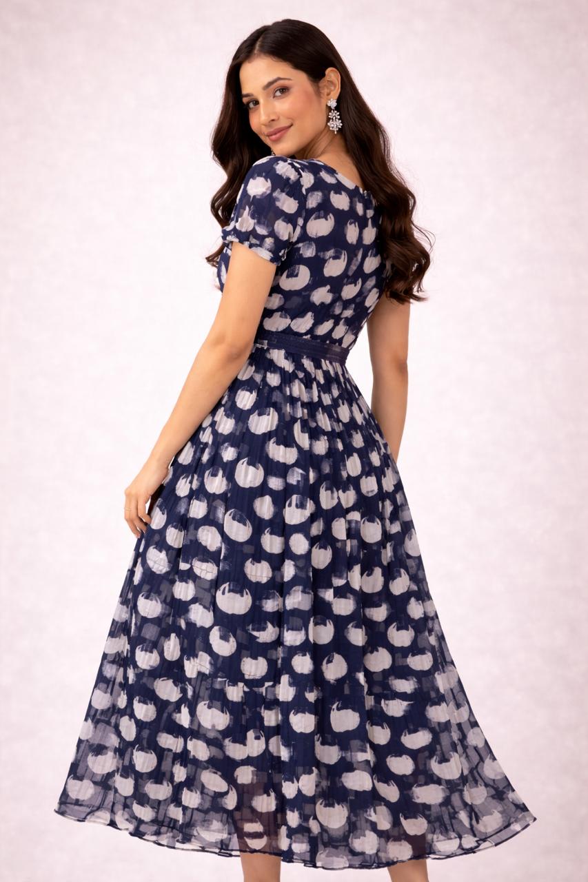 Navy Blue Printed Flowy Frock with Puff Sleeves – M, L XL & XXL Sizes Available