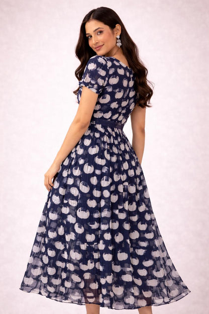 Navy Blue Printed Flowy Frock with Puff Sleeves – M, L XL & XXL Sizes Available