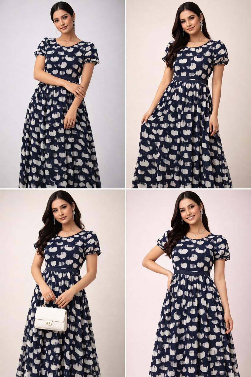 Navy Blue Printed Flowy Frock with Puff Sleeves – M, L XL & XXL Sizes Available