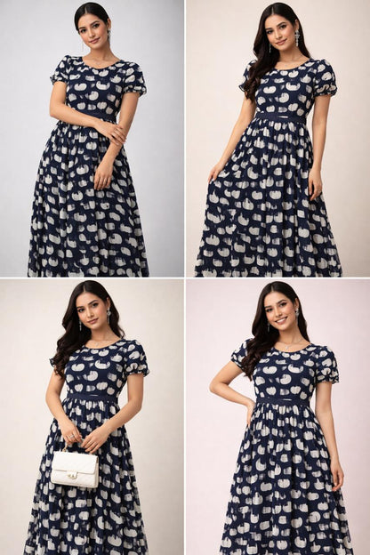 Navy Blue Printed Flowy Frock with Puff Sleeves – M, L XL & XXL Sizes Available