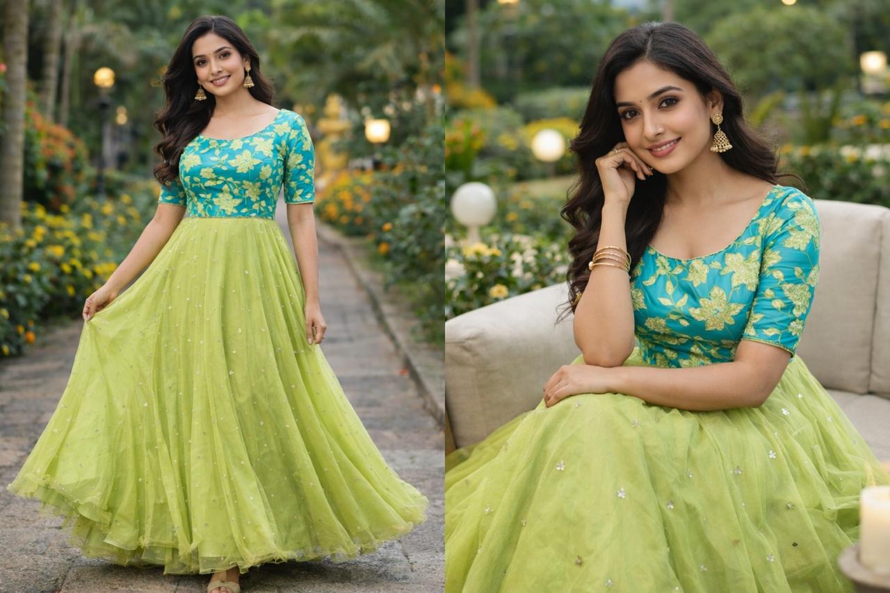 Mehfil Bloom Lehenga Set – Turquoise & Lime RadianceMehfil Bloom Lehenga Set – M , L, Xl & XXL Sizes Available